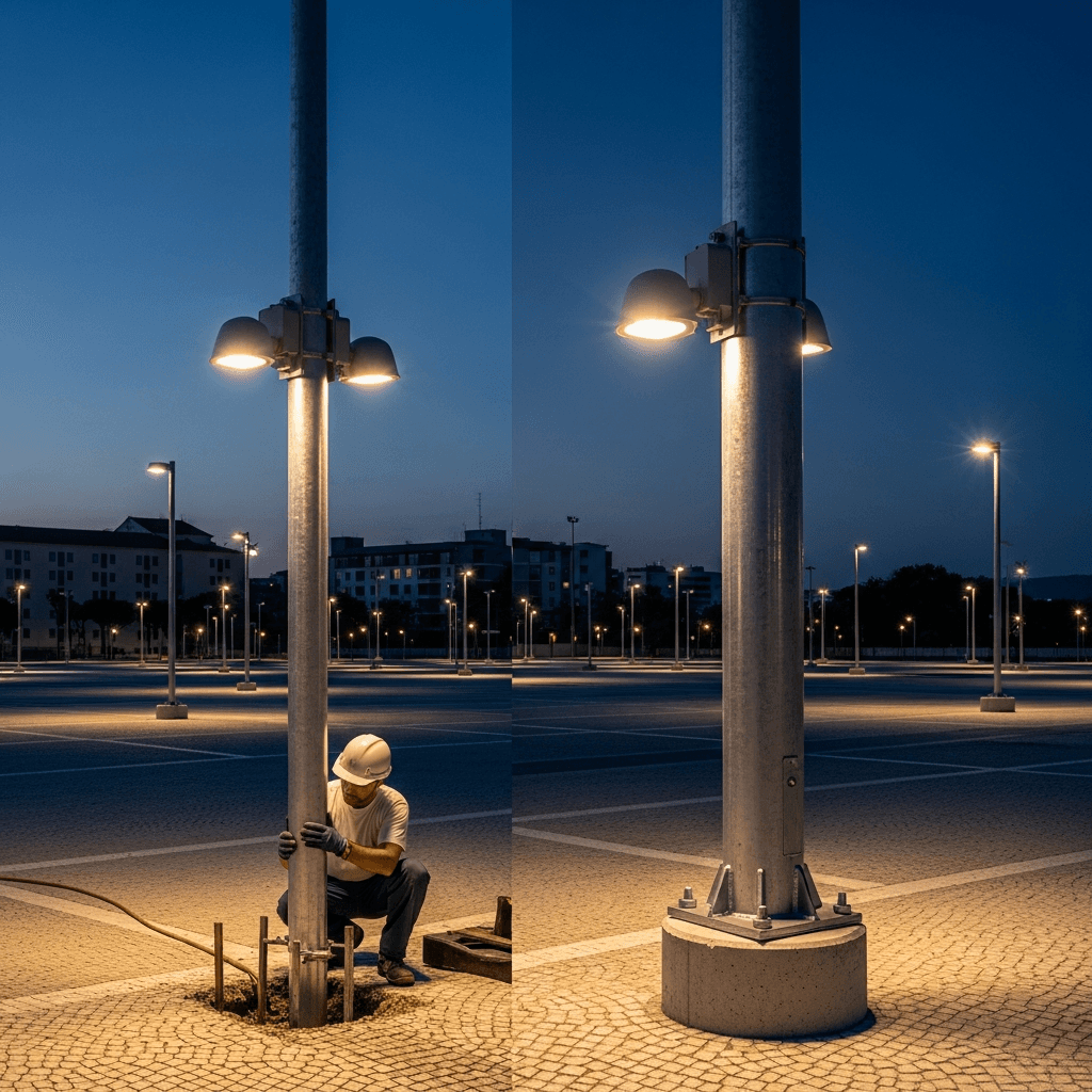 Como instalar postes metálicos de iluminação externa: Guia completo de fixação (engastado vs. flangeado) e galvanização para durabilidade?