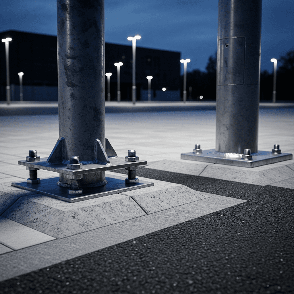 Qual a Melhor Fundação e Método de Instalação para Postes de Iluminação Externa: Chumbadores, Flanges ou Enterramento Direto?